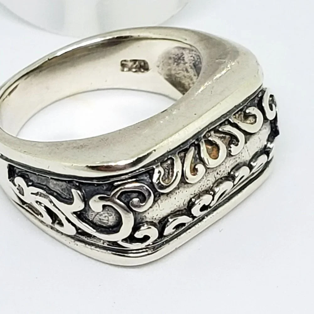 Rectangle Front Delicate Scroll Work Statement Sterling Silver Ring Unisex